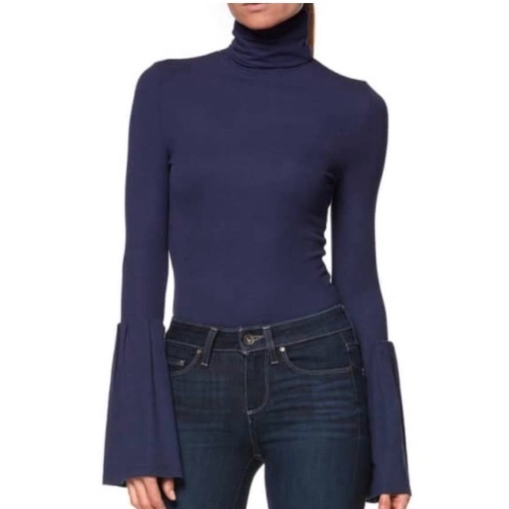 Paige Navy Blue Bell Sleeve Turtleneck Ribbed Stretch Kenzie Top Size XS